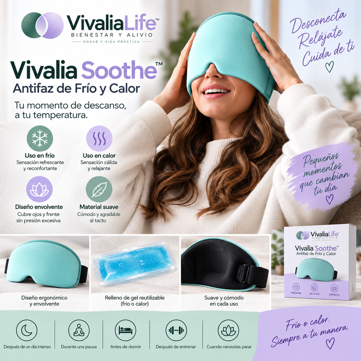 🌙 Vivalia Soothe™ — Antifaz Antimigraña de Frío y Calor